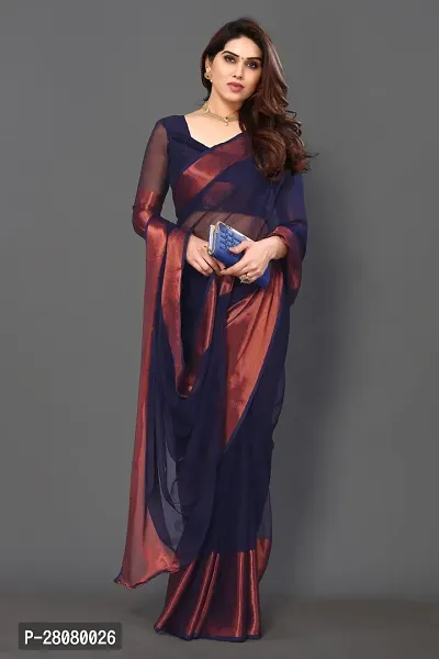 Beautiful Navy Blue Chiffon Saree With Blouse Piece For Women-thumb3