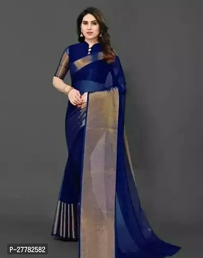 Beautiful Navy Blue Chiffon Saree With Blouse Piece For Women-thumb0