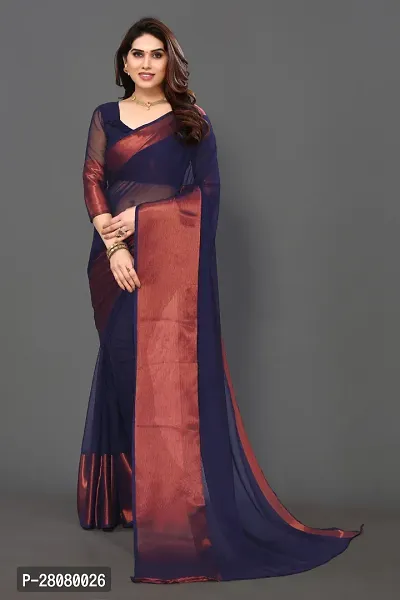 Beautiful Navy Blue Chiffon Saree With Blouse Piece For Women-thumb0