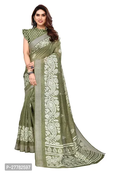 Beautiful Green Cotton Blend Saree With Blouse Piece For Women