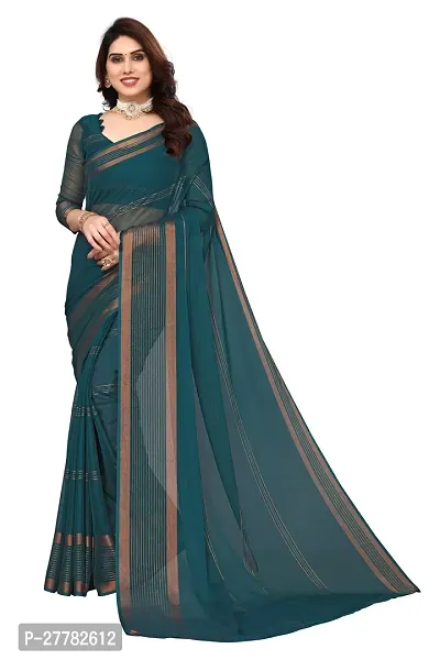 Beautiful Teal Chiffon Saree With Blouse Piece For Women-thumb0