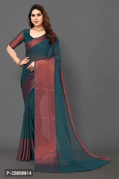 Beautiful Teal Chiffon Saree With Blouse Piece For Women-thumb0