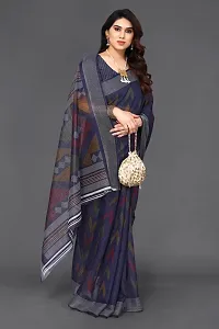 Beautiful Navy Blue Linen Saree With Blouse Piece For Women-thumb1