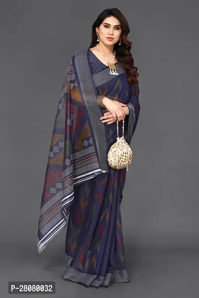 Beautiful Navy Blue Linen Saree With Blouse Piece For Women-thumb2