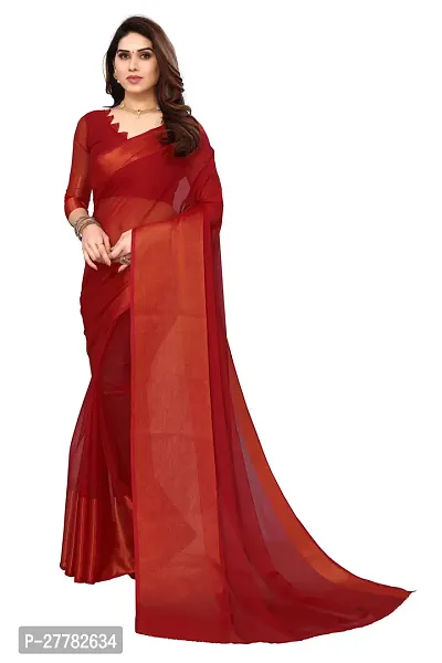 Beautiful Red Chiffon Saree With Blouse Piece For Women