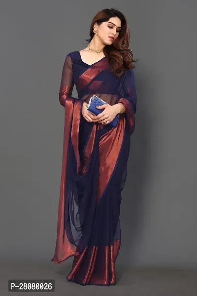 Beautiful Navy Blue Chiffon Saree With Blouse Piece For Women-thumb4