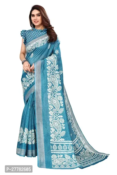 Beautiful Sky Blue Cotton Blend Saree With Blouse Piece For Women-thumb0