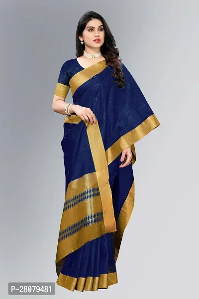 Beautiful Navy Blue Cotton Saree With Blouse Piece For Women-thumb2