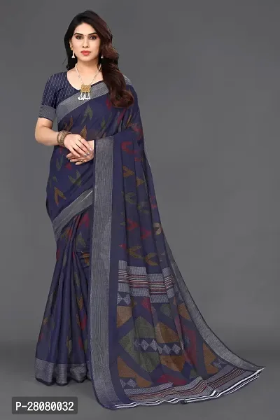 Beautiful Navy Blue Linen Saree With Blouse Piece For Women-thumb0