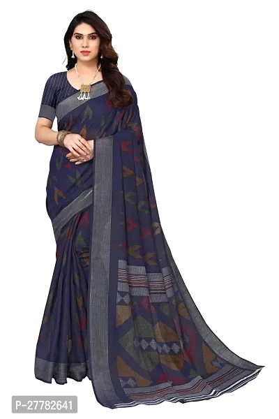 Beautiful Navy Blue Linen Saree With Blouse Piece For Women-thumb0