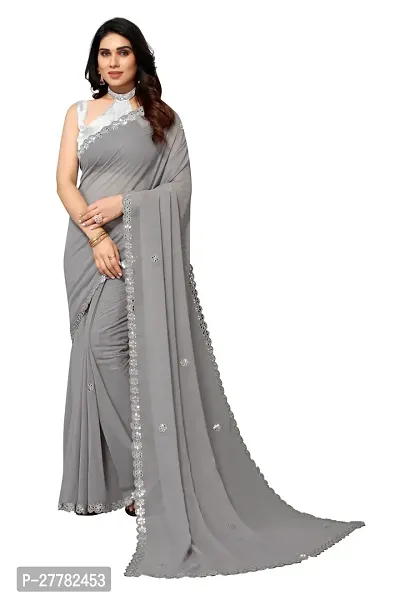 Beautiful Grey Georgette Saree With Blouse Piece For Women-thumb0