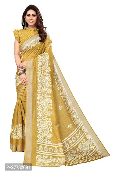 Beautiful Yellow Cotton Blend Saree With Blouse Piece For Women-thumb0