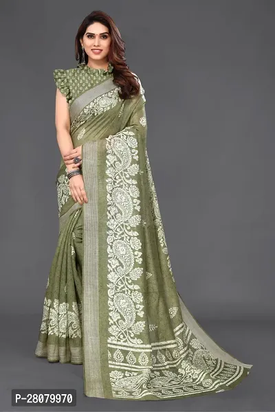 Beautiful Green Cotton Blend Saree With Blouse Piece For Women-thumb0