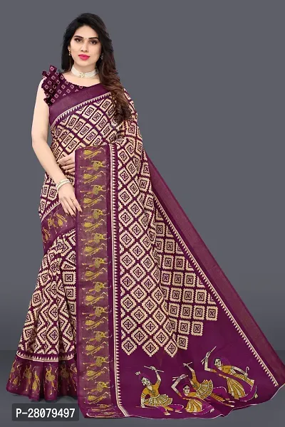 Beautiful Purple Cotton Blend Saree With Blouse Piece For Women