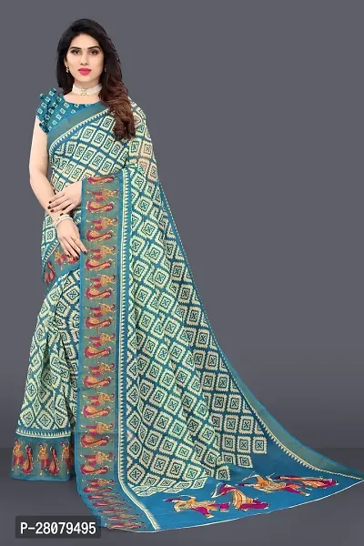 Beautiful Green Cotton Blend Saree With Blouse Piece For Women