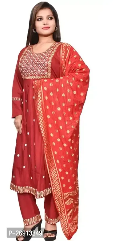 Stylish Red Cotton A-Line Embroidered Kurta, Pant And Dupatta Set For Women