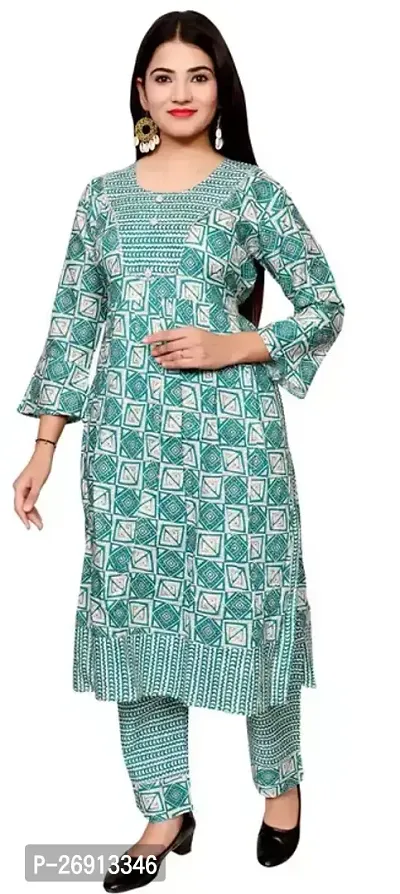 Stylish Blue Cotton A-Line Printed Kurta And Pant Set For Women