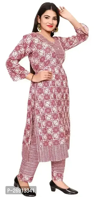 Stylish Pink Cotton A-Line Printed Kurta And Pant Set For Women