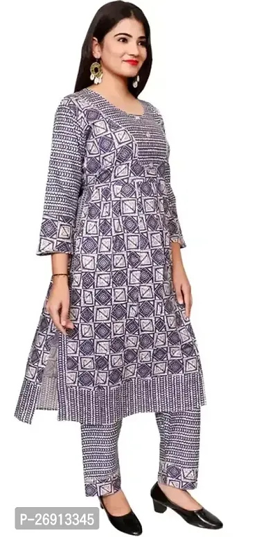 Stylish Grey Cotton A-Line Printed Kurta And Pant Set For Women-thumb0