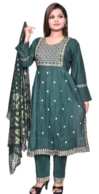 Stylish Cotton A-Line Embroidered Kurta with Bottom and Dupatta Set