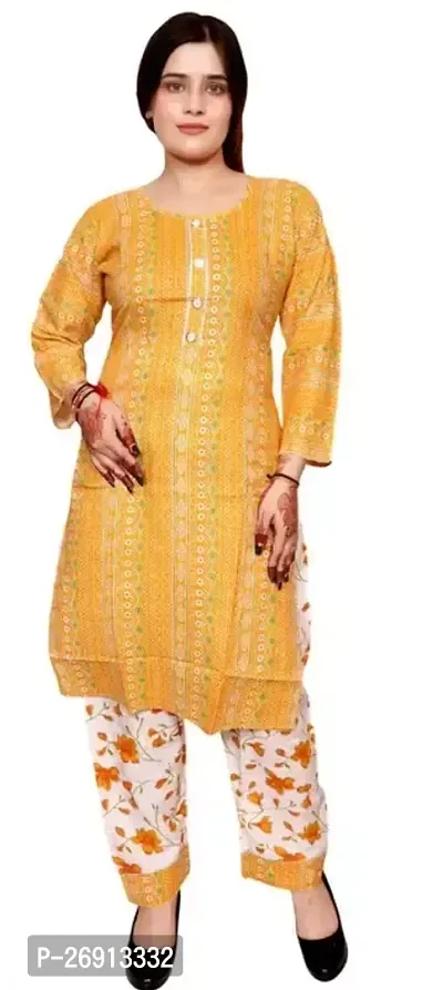 Stylish Yellow Cotton A-Line Embroidered Kurta And Pant Set For Women-thumb0