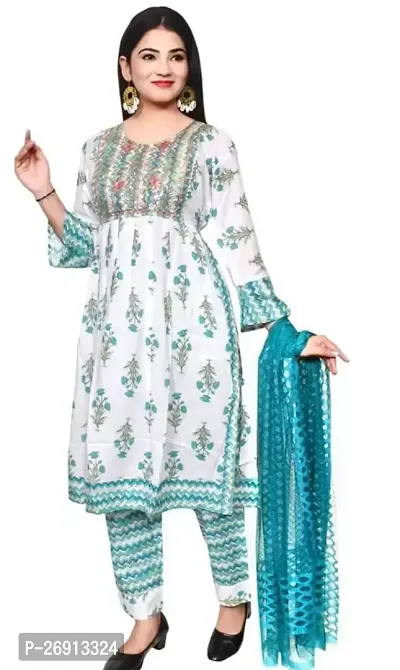 Stylish Blue Cotton A-Line Embroidered Kurta, Pant And Dupatta Set For Women-thumb0