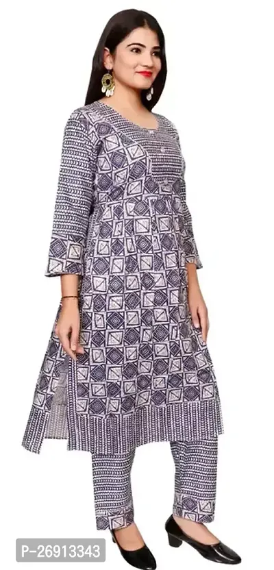 Stylish Grey Cotton A-Line Printed Kurta And Pant Set For Women-thumb0