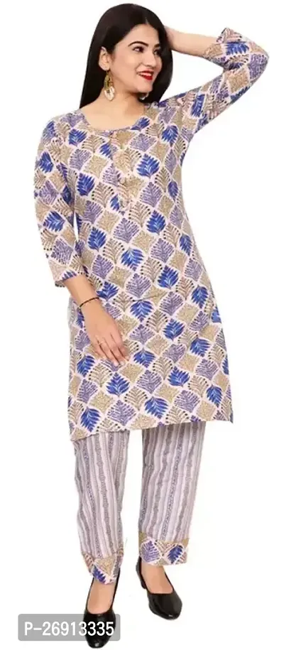 Stylish Blue Cotton A-Line Printed Kurta And Pant Set For Women-thumb0