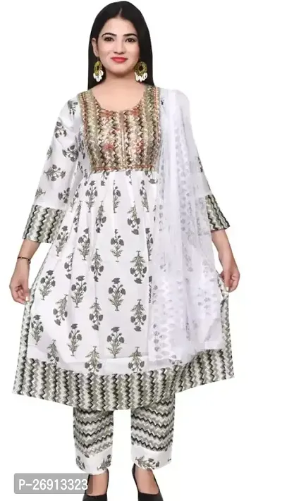 Stylish White Cotton A-Line Embroidered Kurta, Pant And Dupatta Set For Women-thumb0