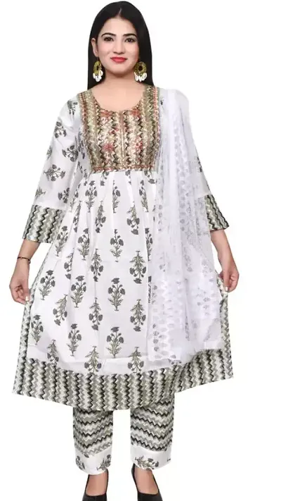 Stylish A-Line Embroidered Kurta, Pant And Dupatta Set For Women