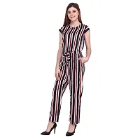 Women's Round Neck Short Sleeve Multi Color Striped Pattern Crepe Casual Long Jumpsuit-thumb2
