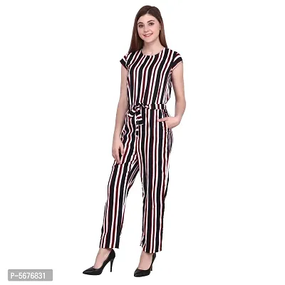 Women's Round Neck Short Sleeve Multi Color Striped Pattern Crepe Casual Long Jumpsuit-thumb3