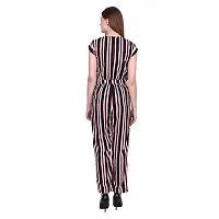 Women's Round Neck Short Sleeve Multi Color Striped Pattern Crepe Casual Long Jumpsuit-thumb1