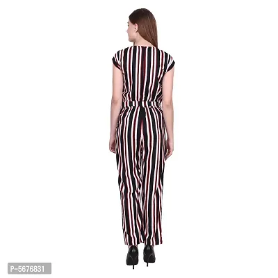 Women's Round Neck Short Sleeve Multi Color Striped Pattern Crepe Casual Long Jumpsuit-thumb2