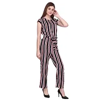 Women's Round Neck Short Sleeve Multi Color Striped Pattern Crepe Casual Long Jumpsuit-thumb3