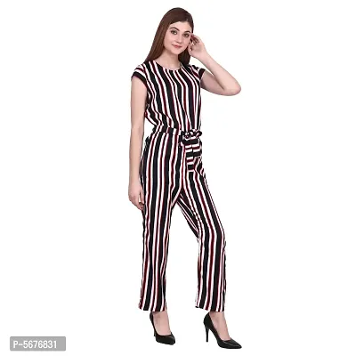 Women's Round Neck Short Sleeve Multi Color Striped Pattern Crepe Casual Long Jumpsuit-thumb4