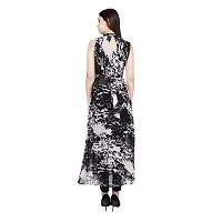 Stylish Sleeveless Mandarin Collar Black Color Printed Georgette Maxi Dress-thumb1