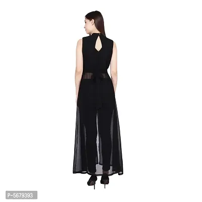 Stylish Black Color Solid Sleeveless Mandarin Collar Georgette Maxi Dress-thumb2