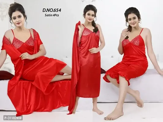 Comfortable Red Satin Nighty Set For Women-thumb0