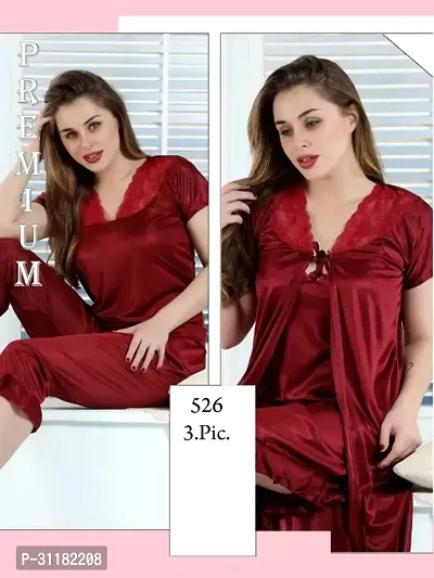 Comfortable Maroon Satin Nighty Set For Women-thumb0