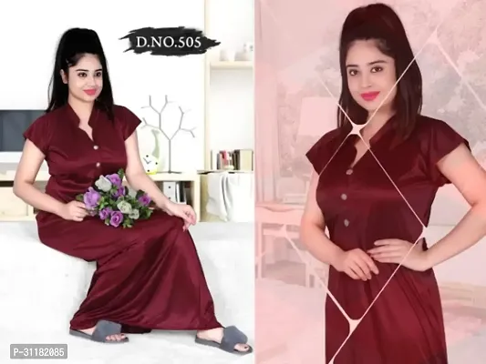 Comfortable Maroon Satin Nightdress For Women