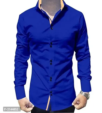 Men's Blue Cotton Long Sleeves Solid Slim Fit Casual Shirt