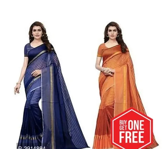 Buy One Get One Free!!: Striped Designer Chanderi Cotton Sarees