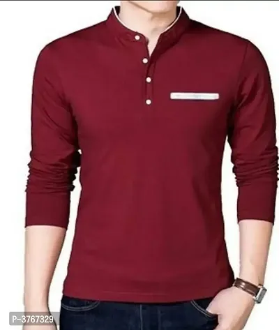 Reliable Maroon Cotton Solid Mandarin Tees For Men-thumb0