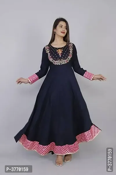 Elegant Navy Blue Embroidered Rayon Women's Kurta