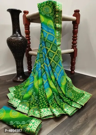 Womens Green Georgette Printed Saree with Blouse piece