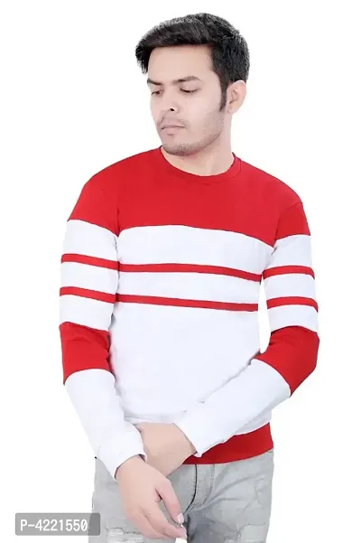 Men's Red Striped Cotton Blend Round Neck Tees-thumb0