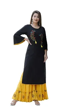 Classy Black Rayon Slub Embroidered Kurta And Rayon Slub Sharara Set For Women-thumb2
