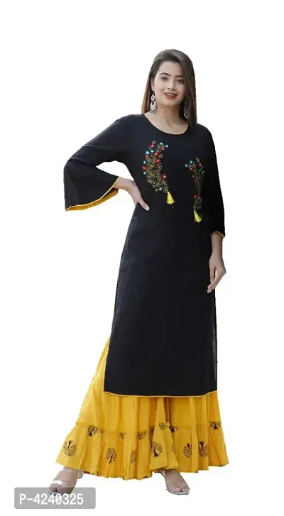 Classy Black Rayon Slub Embroidered Kurta And Rayon Slub Sharara Set For Women-thumb3