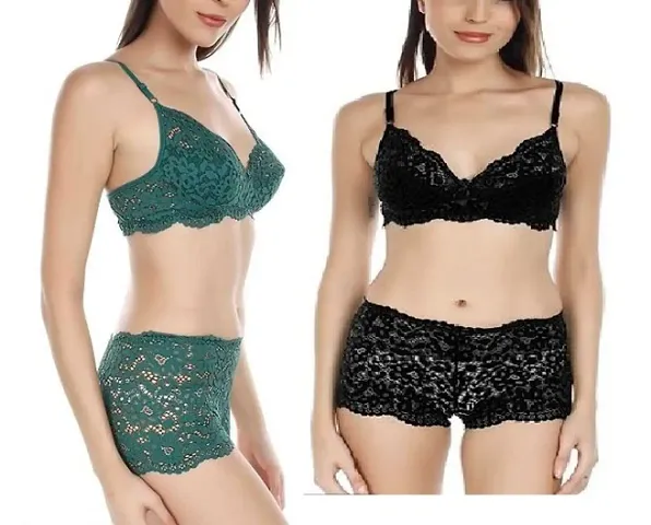 Buy One Get One!!!Trendy Lace Work Matching Bra Panty Set Combo 2
